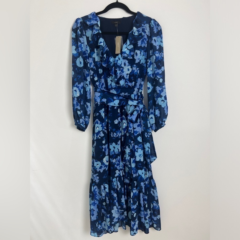 NEW J.Crew‎ Size 2 Watercolors Begonia Blue Floral Faux Wrap Midi Dress - Picture 3 of 16